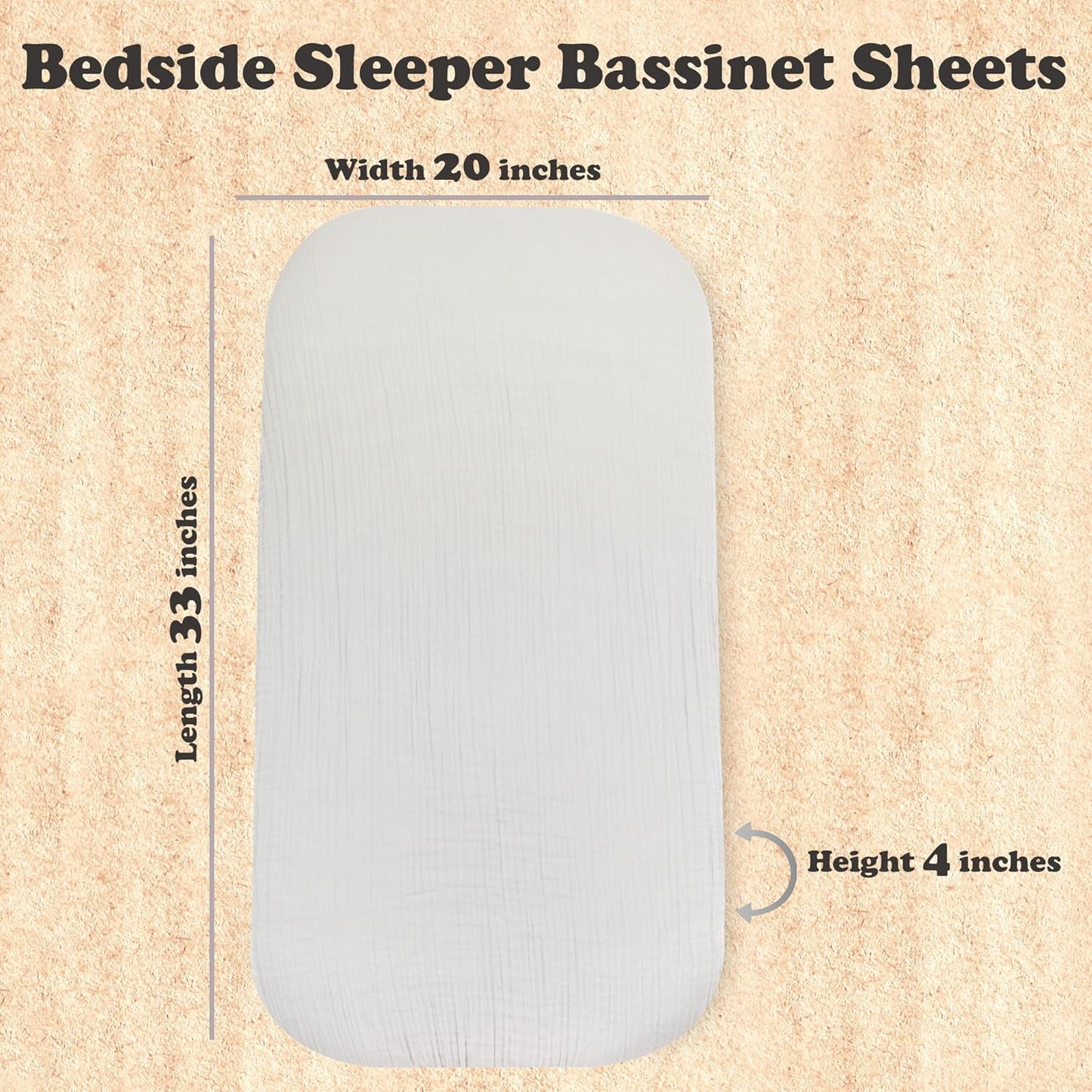 3-Pack Bedside Sleeper Bassinet Sheets | GOTS Certified Organic 100% Muslin Cotton | Ultra Soft & Breathable | 33×20×4” Fitted Sheets | Universal Fit 29–33” x 17–21” Pads