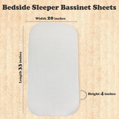 3-Pack Bedside Sleeper Bassinet Sheets | GOTS Certified Organic 100% Muslin Cotton | Ultra Soft & Breathable | 33×20×4” Fitted Sheets | Universal Fit 29–33” x 17–21” Pads