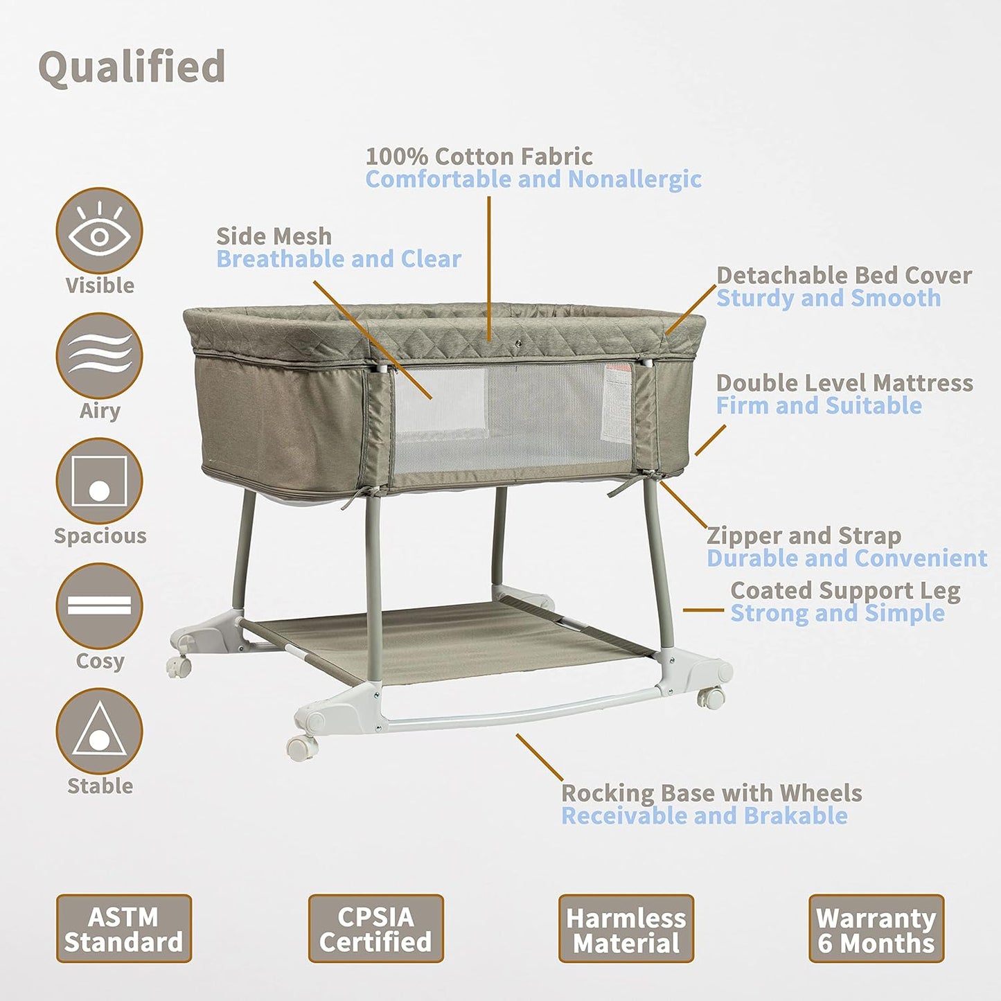 Multi Function Baby Crib Bedside Sleeper Newborn Rocking Bassinet for Infant and Toddler with Wheel Base Portable and Adjustable(Navy Blue)