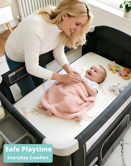 Pack and Play Mattress 38"x26" Playard Baby Pad for Pack n Play, No Gap Safer 3D Piped Edge, 1.5" Thick Medium Firm, Breathable Waterproof Washable Cover, White