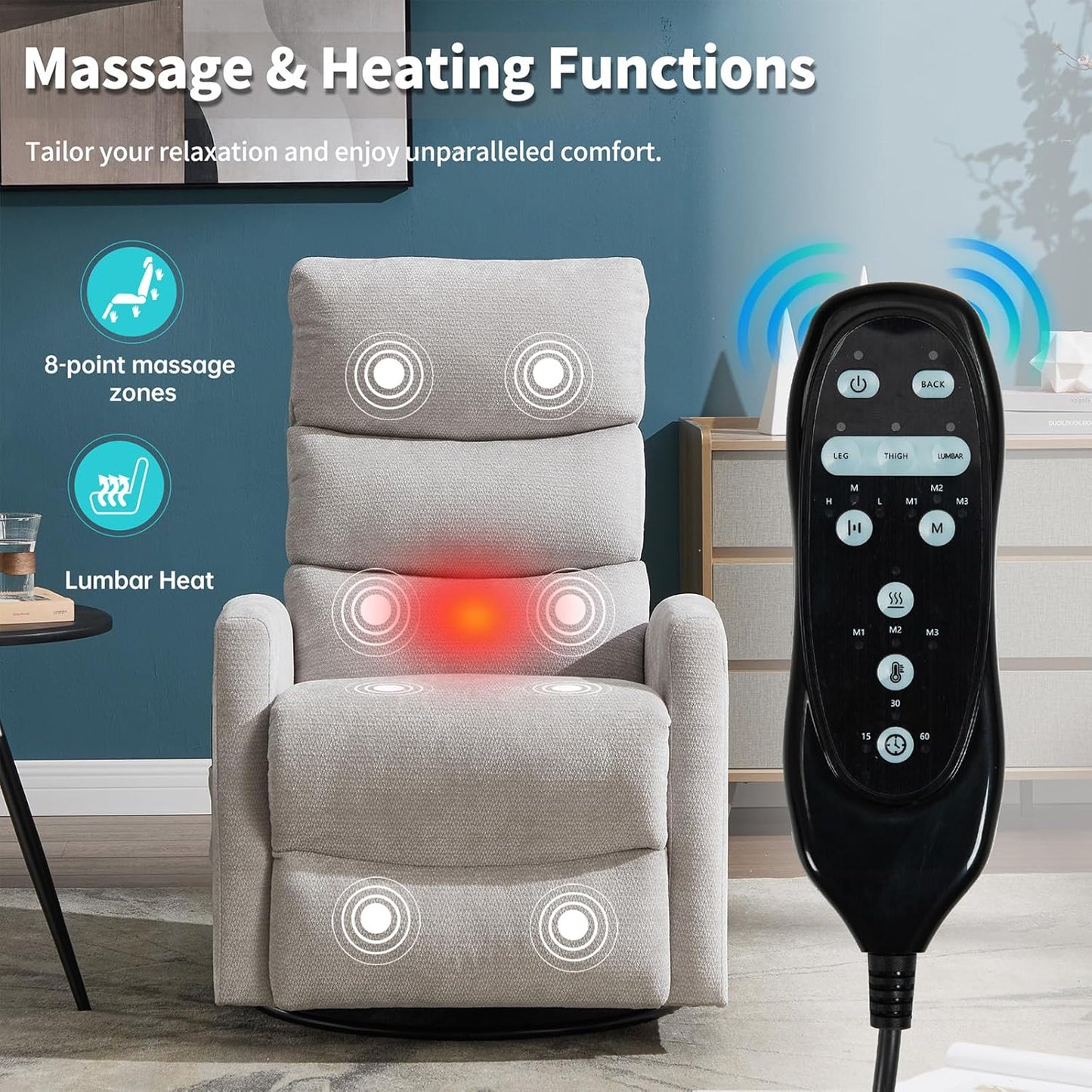 Massage Chair Recliner with Heat, Swivel Rocking Chair Recliner with High Back, Manual Nursery Recliners for Adults,Small Recliner Chair for Small Spaces, Living Room Bedroom, Fabric (Blue Green)