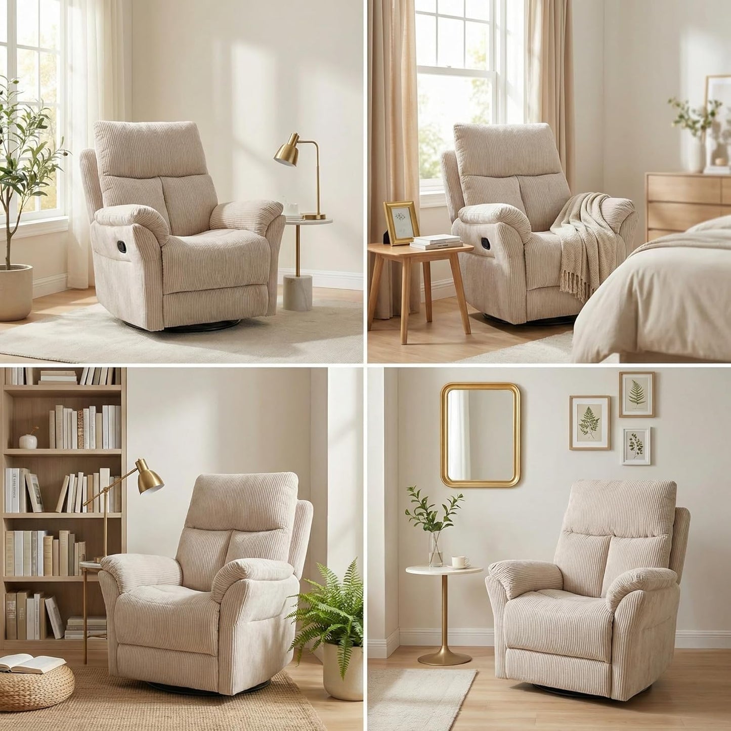 Swivel Rocker Chair, 360°Swivel Rocker Chairs with High Back Arms, Rocking Lazy Boy Chairs, Upholstered Swivels Corduroy Glider for Living Room, Bedroom, Nursing, Beige