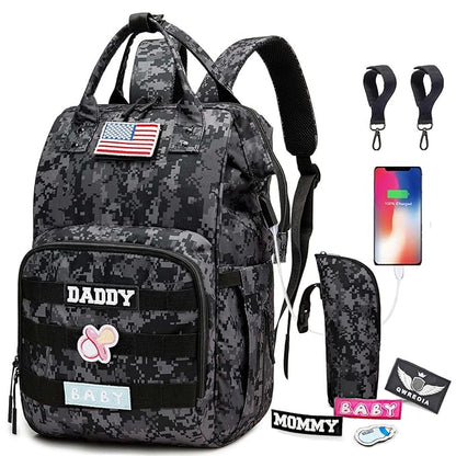 Camo Diaper Bag Backpack for Dad and Mom with USB Charging Port Stroller Straps and Insulated Pocket,army military Travel Nappy Backpack (DADDY and MOMMY patches)