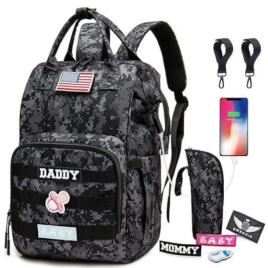 Camo Diaper Bag Backpack for Dad and Mom with USB Charging Port Stroller Straps and Insulated Pocket,army military Travel Nappy Backpack (DADDY and MOMMY patches)