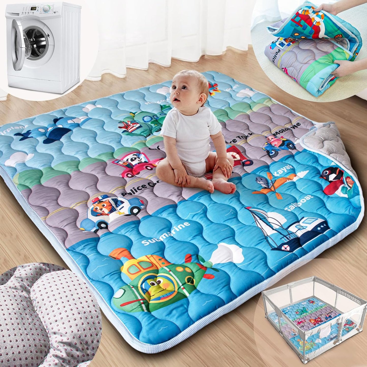 Baby Play Mat, 50x50 Playpen Mat with Super Soft Touch, Activity Mats with Upgraded Anti-Slip Bottom, Machine Washable Crawling Mats for Floor & Picnic (Animal Alphabets)
