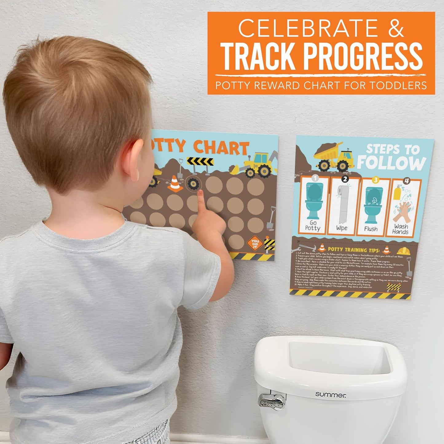 Hadley Designs Potty Training Chart for Toddlers Boys -10 Sticker Potty Chart for Toddlers Boys, 8.5x11" Potty Training Sticker Charts for Toilet Success, Monster Truck Toddler Reward Chart for Kids