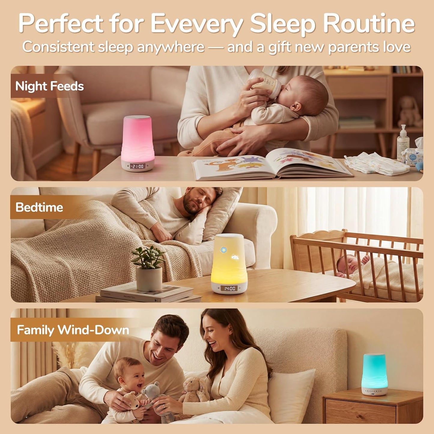 Mewaii White Noise Sound Machine Baby & Adult, 100 Soothing Sounds, AI Cry Detection, App Control, 360° RGB Night Light, Sleep Routine Builder, Alarm Clock for Home Nursery Travel Baby Essentials Gift