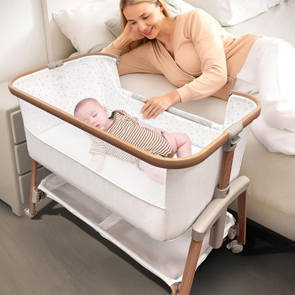 Motherly Haven Baby Bassinet Bedside Sleeper, Portable Crib for Newborns, Adjustable 7-Height Auto-Lock, with Wheels, Soft Mattress & Breathable Mesh (Light Grey)