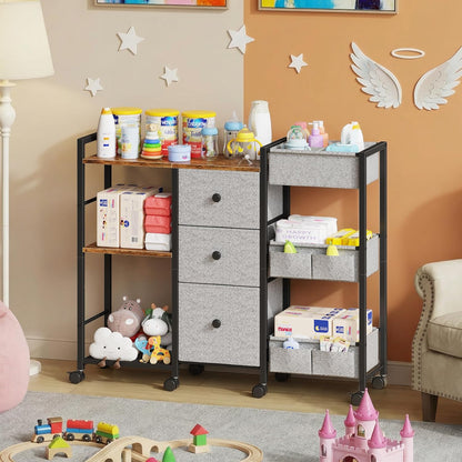 GYIIYUO Diaper Caddy Cart with Storage Fabric Drawers/Open Shelves, Baby Caddy Organizer, 3-Tier Rolling Utility Cart on Wheels for baby nursery essentials,bedside,makeup(Rustic Brown)