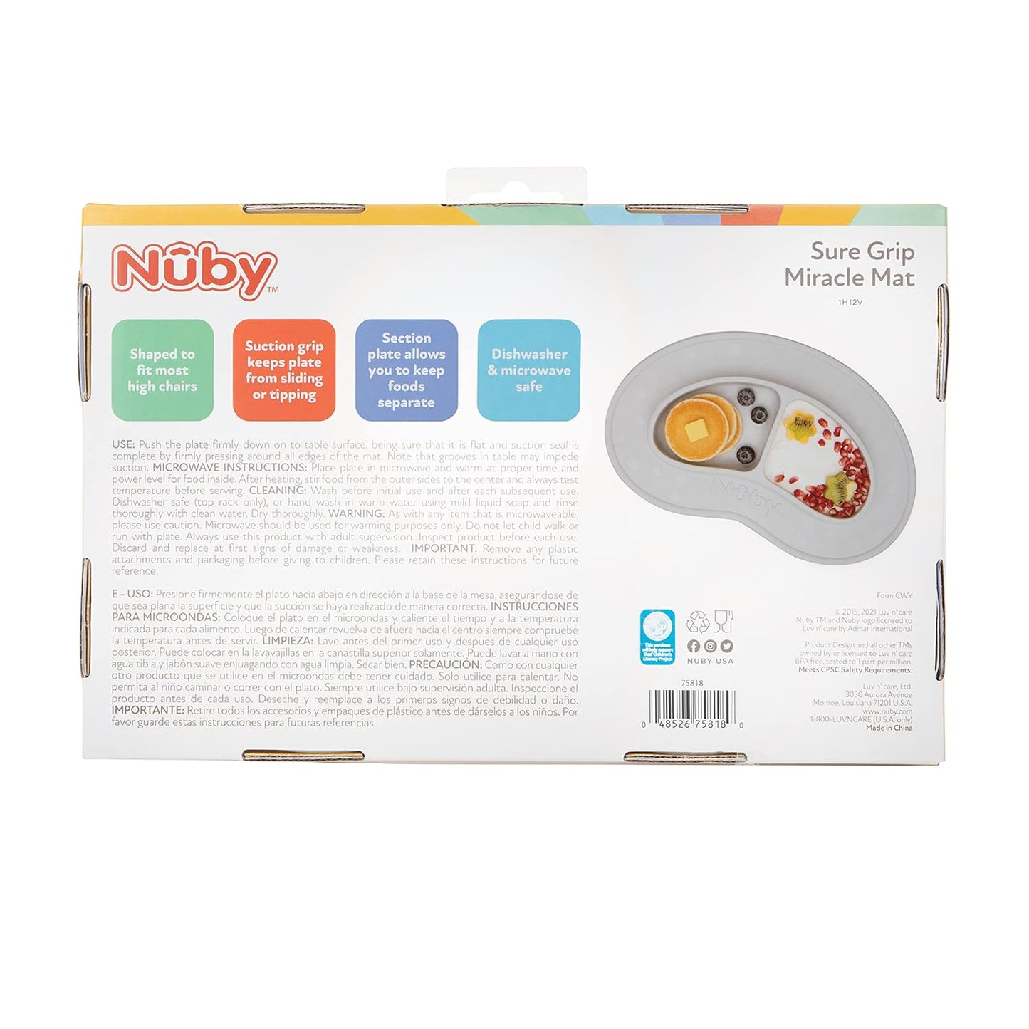 Nuby Sure Grip Miracle Mat 2-Section Plate - Toddler Suction Plate - 6+ Months - Gray