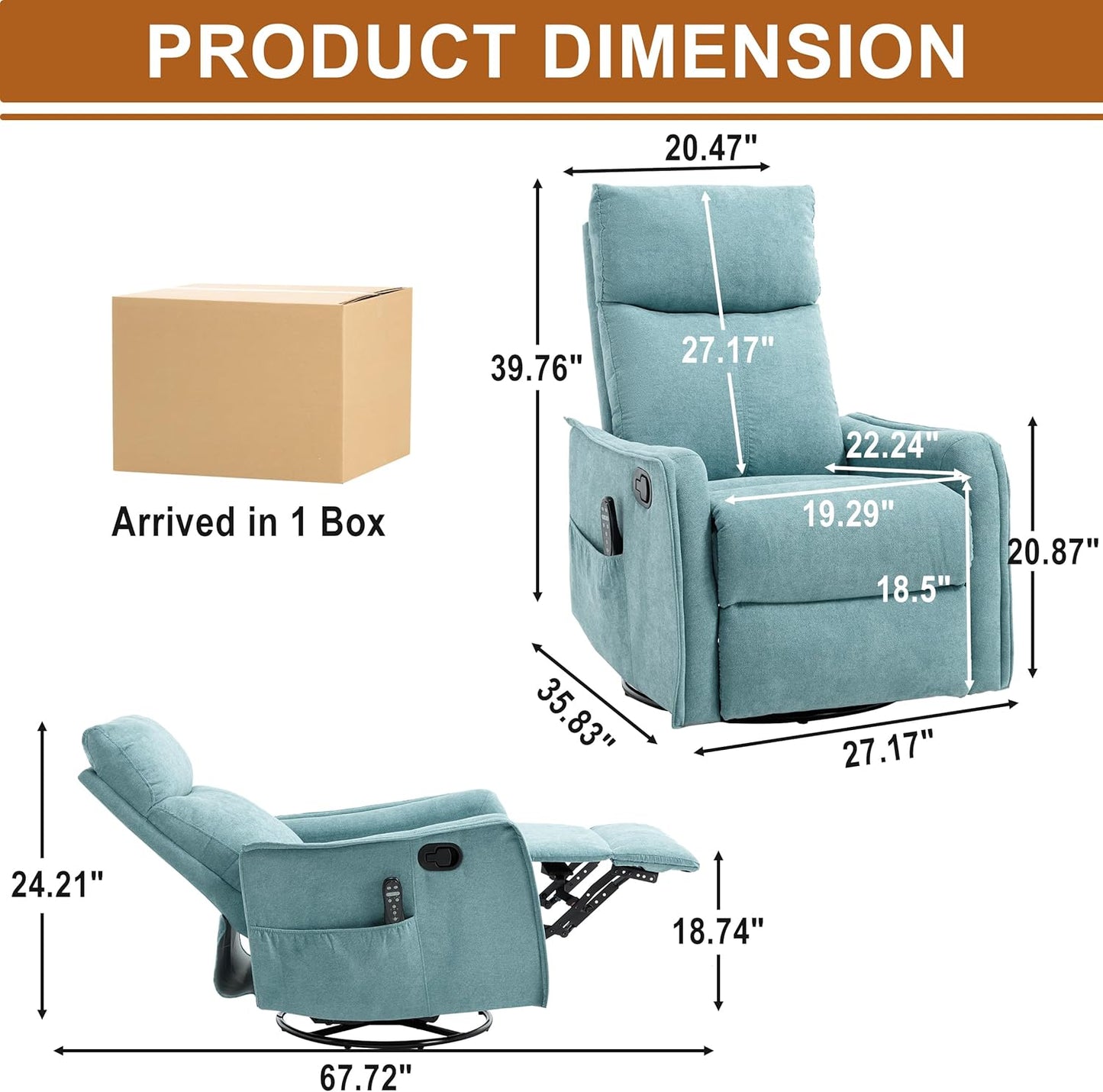 Manual 360° Swivel Rocker Recliner Chair for Adults, Overstuffed Glider Chair for Nursery with Vibration Massage and Heat, Comfy Soft Fabric Glider with Side Pockets for Living Room, Beige