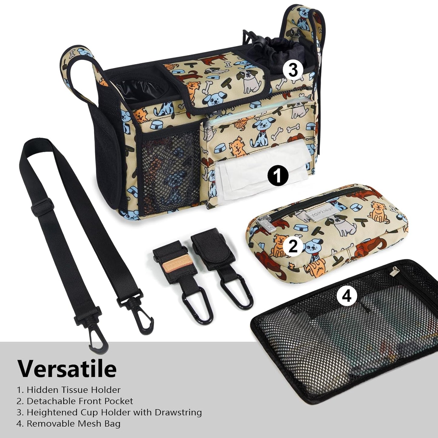 TOPDesign Universal Baby Stroller Organizer, Stroller Caddy with Detachable Mesh Bag & Heightened Insulated Cup Holders & Non-Slip Secure Hooks Accessories, Fits Most Strollers (Checkerboard) - Colors B