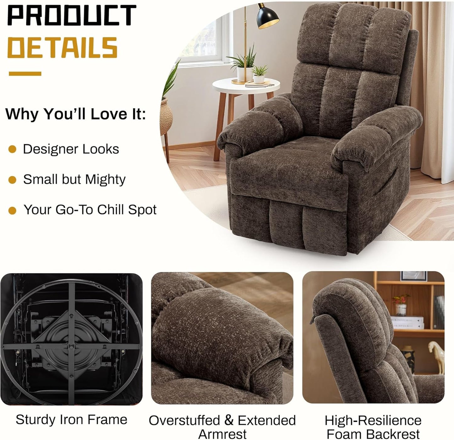 Korser Recliner Chair, Swivel Rocker Recliner Chair for Adults, Small Recliners for Small Spaces, Upholstered Manual Recliner with Side Pockets, Nursery Rocking Chair for Living Room, Chenille, Beige