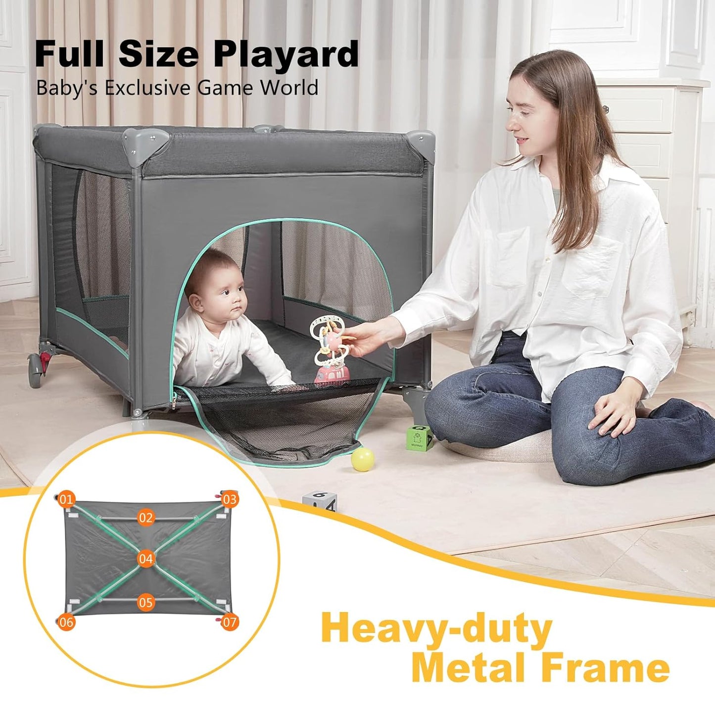 Pack and Play with Changing Table & Carry Bag, 4-in-1 Portable Crib Playpen for Newborn to Toddler, ASTM Certified Foldable Travel Crib with Bassinet(A-Black)