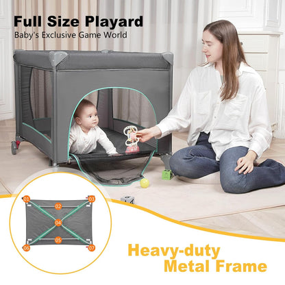 Pack and Play with Changing Table & Carry Bag, 4-in-1 Portable Crib Playpen for Newborn to Toddler, ASTM Certified Foldable Travel Crib with Bassinet(A-Black)