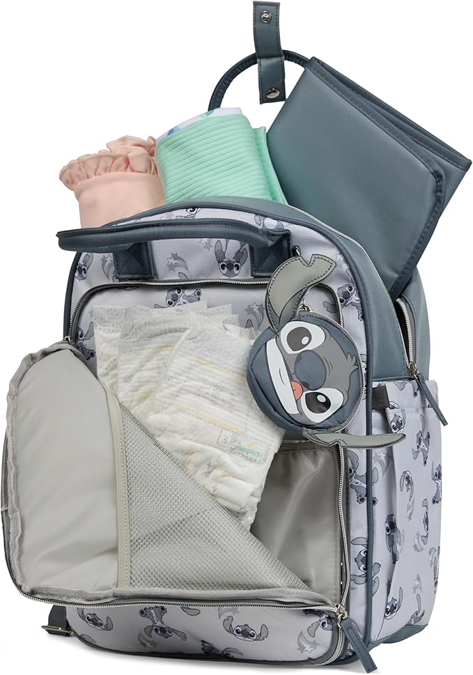 Disney Diaper Bag Backpack with Changing Pad Stich – 16” Nylon Baby Bag for Parents, Insulated Bottle Holders, Multiple Storage Pockets