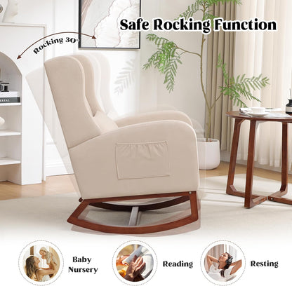 HCHAIRH Rocking Chair Nursery, Nursery Rocking Chairs with Foot Rest, Comfy Fabric Glider Rocker Nursing Chair with High Back for Nursing, Living Room, Bedroom, Beige