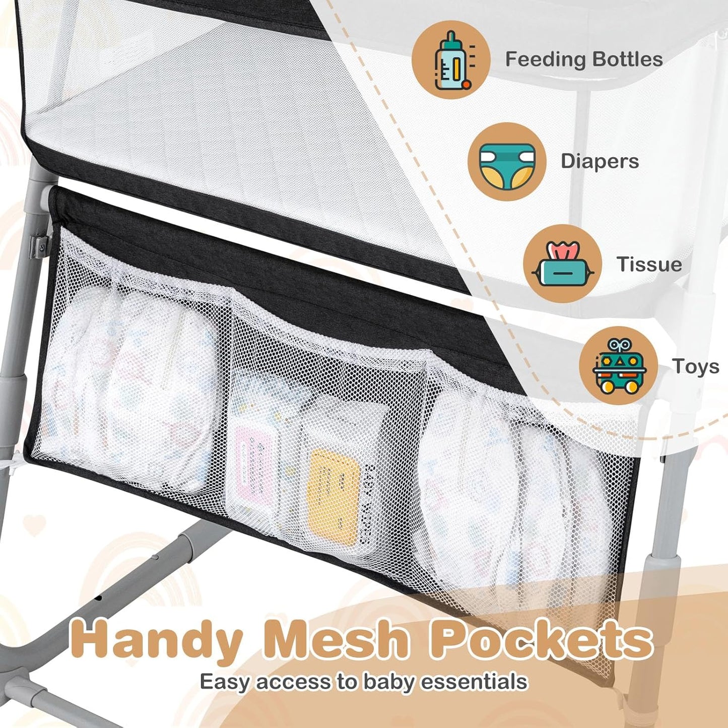 BABY JOY Bassinet, Bedside Crib w/Adjustable Height, Comfy Mattress, Full-Mesh Sides and Storage Pockets for Newborns Infants, Baby Bassinets Bedside Sleeper for Safe Co-Sleeping