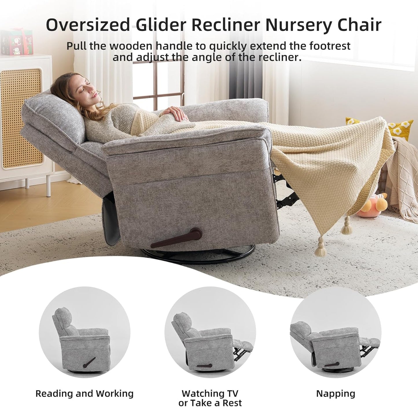 Oversized Glider Rocker Recliner, 26" Extra Wide 360° Swivel Nursery Recliner with Adjustable Headrest, Chenille Rocking Nursery Chair with Overstuffed Armrest, Lumbar Support, Light Grey