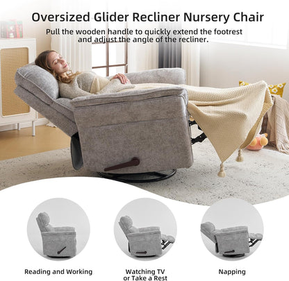 Oversized Glider Rocker Recliner, 26" Extra Wide 360° Swivel Nursery Recliner with Adjustable Headrest, Chenille Rocking Nursery Chair with Overstuffed Armrest, Lumbar Support, Light Grey