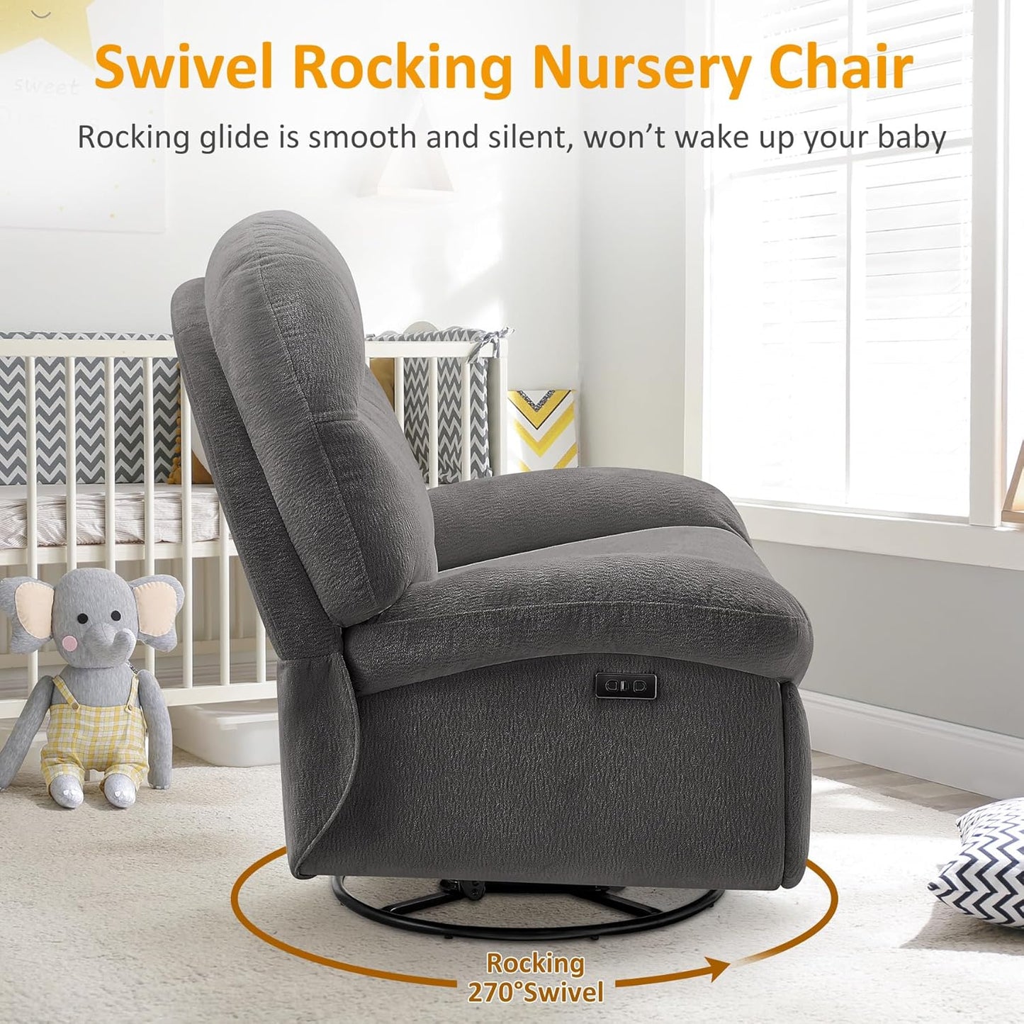 VANOMi Power Recliner Chair with USB & Type-C Charging, 270° Swivel Glider Rocker, Electric Nursery Recliner for Living Room, Bedroom, and Office, White
