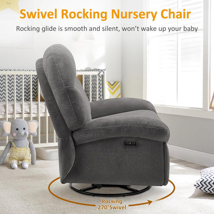 VANOMi Power Recliner Chair with USB & Type-C Charging, 270° Swivel Glider Rocker, Electric Nursery Recliner for Living Room, Bedroom, and Office, White