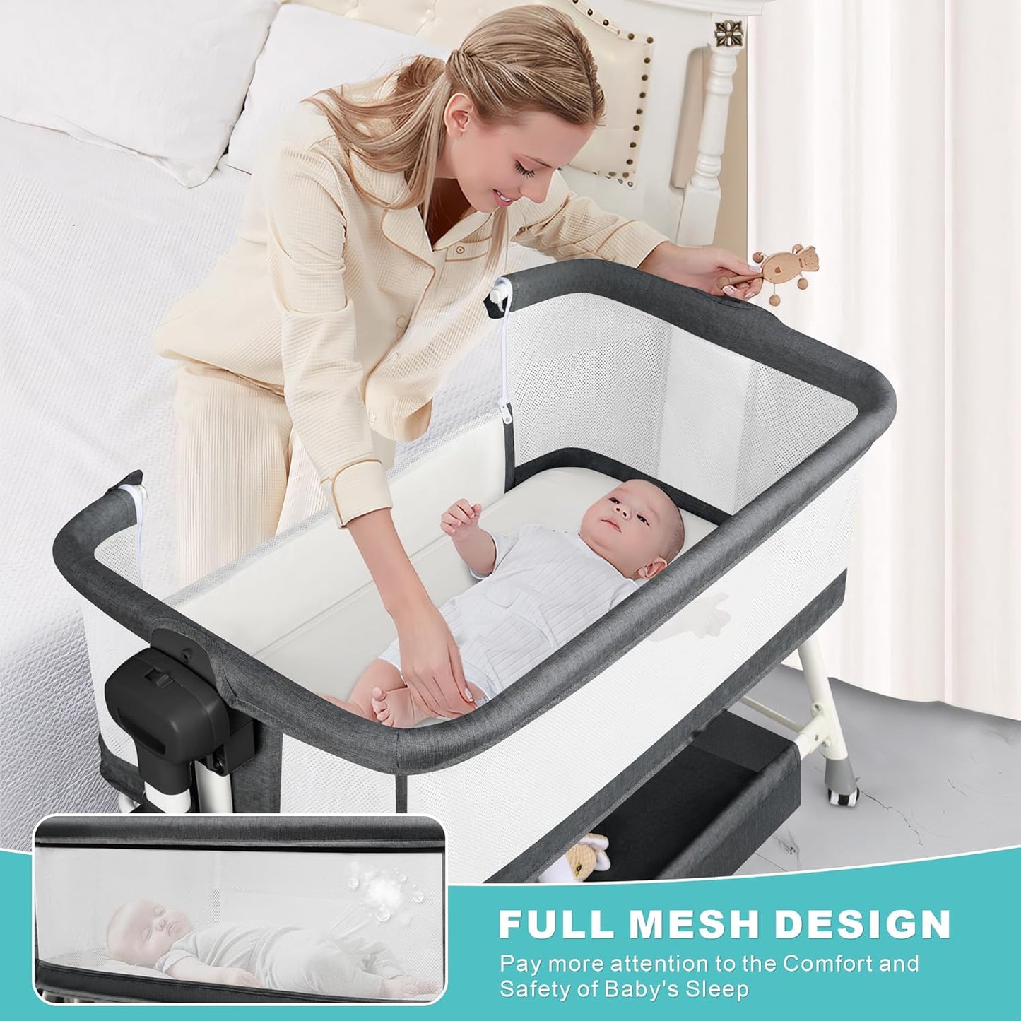 VOOI Baby Bassinet Bedside Sleeper, 3 in 1 Rocking Bassinet for Baby, Bassinet Bedside Sleeper with Wheels, Adjustable Height, Storage Basket, Mattress & Canopy, Bed Side Bassinet for Newborn