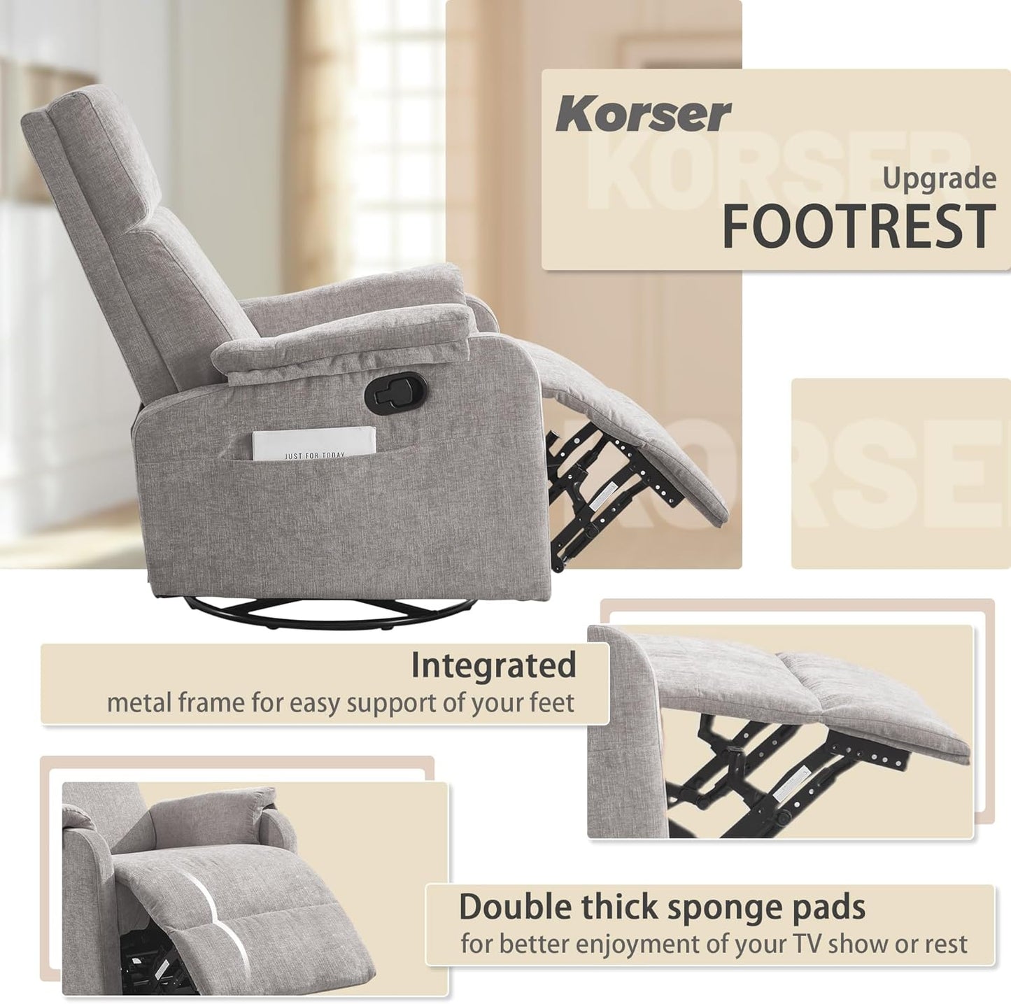 Korser Recliner Chair, Swivel Rocking Recliner Chair for Adults, Glider Rocking Chair, Small Nursery Chair Recliner for Living Room, Reclining Chair with Modern-Designed Armrests, Chenille, Beige