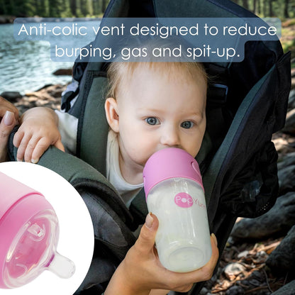 PopYum 9 oz Blue Anti-Colic Formula Making Baby Bottles, 3-Pack with #2 Medium Flow Nipples, 260 ml, BPA-Free, Natural Latch, Mixing, Dispenser
