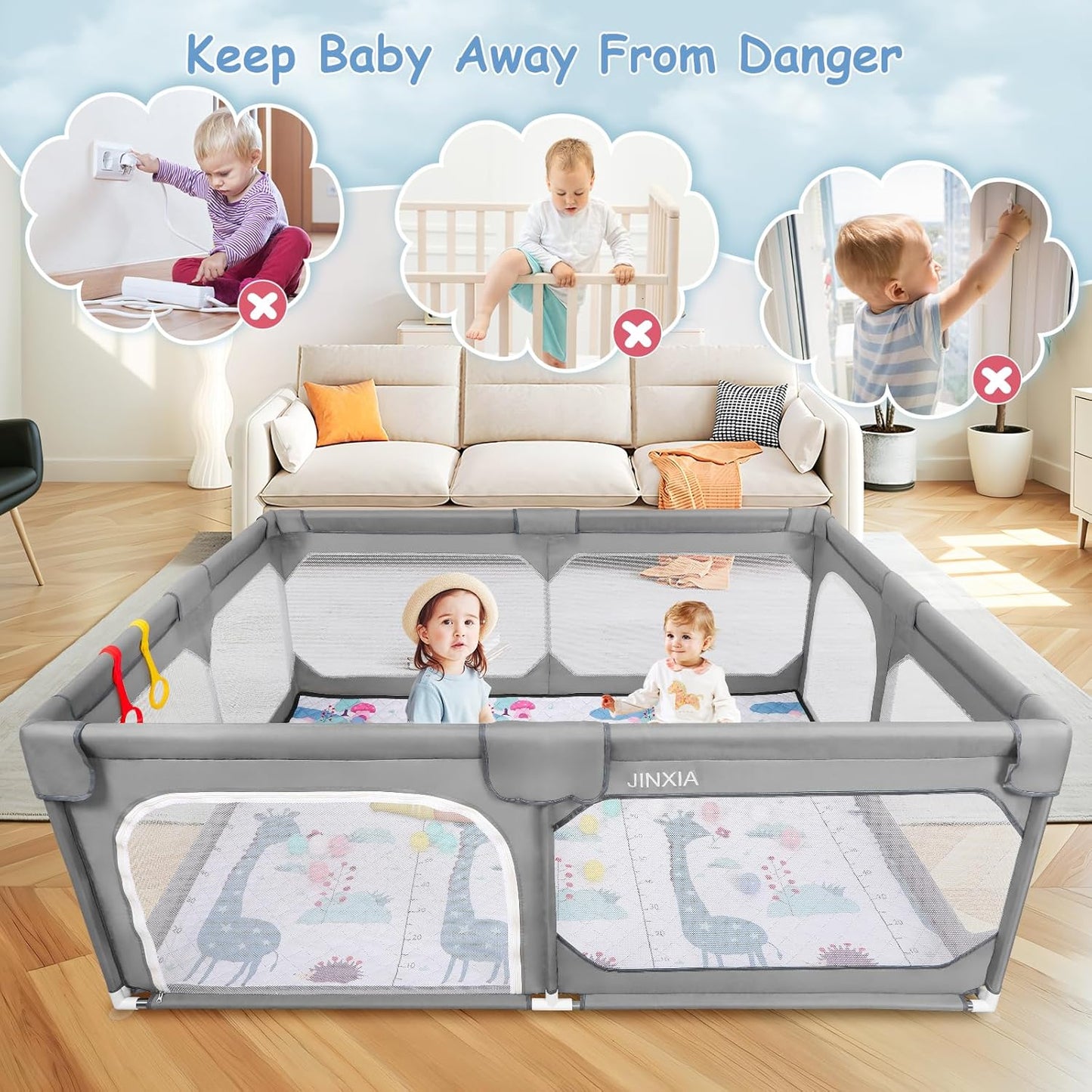 JINXIA Baby Playpen with Mat 75"*59", Large Play Pen for Babies and Toddlers with Soft Breathable Mesh, Climb-Proof Anti-Fall Baby Playpen, Sturdy Safety Play Yard for Indoor Outdoor Fun, Grey