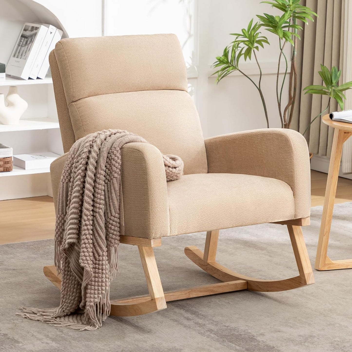 HCHAIRH Rocking Chair Nursery, Upholstered Fabricr Nursing Rocking Chairs with Soft High Back, Modern Nursery Glider Rocker for Mom Living Room, Bedroom, Camel