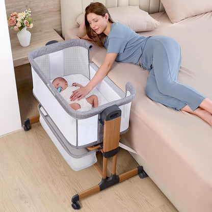 Ezebaby 3-in-1 Baby Bassinet, Rocking Baby Bassinets Bedside Sleeper, Adjustable Portable Crib for Newborn Infant with Wheels Storage Basket and Mesh Sides