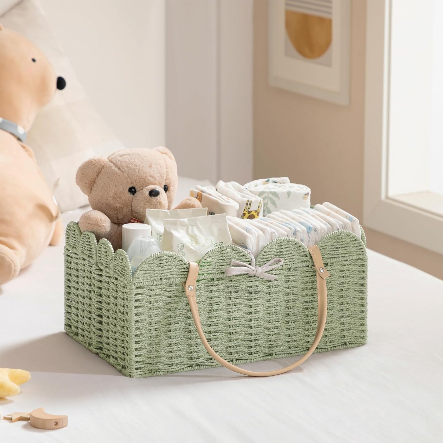 HBlife Large Baby Diaper Caddy, Paper Rope Storage Baskets Nursery Bin with Removable Divider, Portable Car Organizer for Diapers, Baby Shower Gifts, Newborn Essentials Must Haves