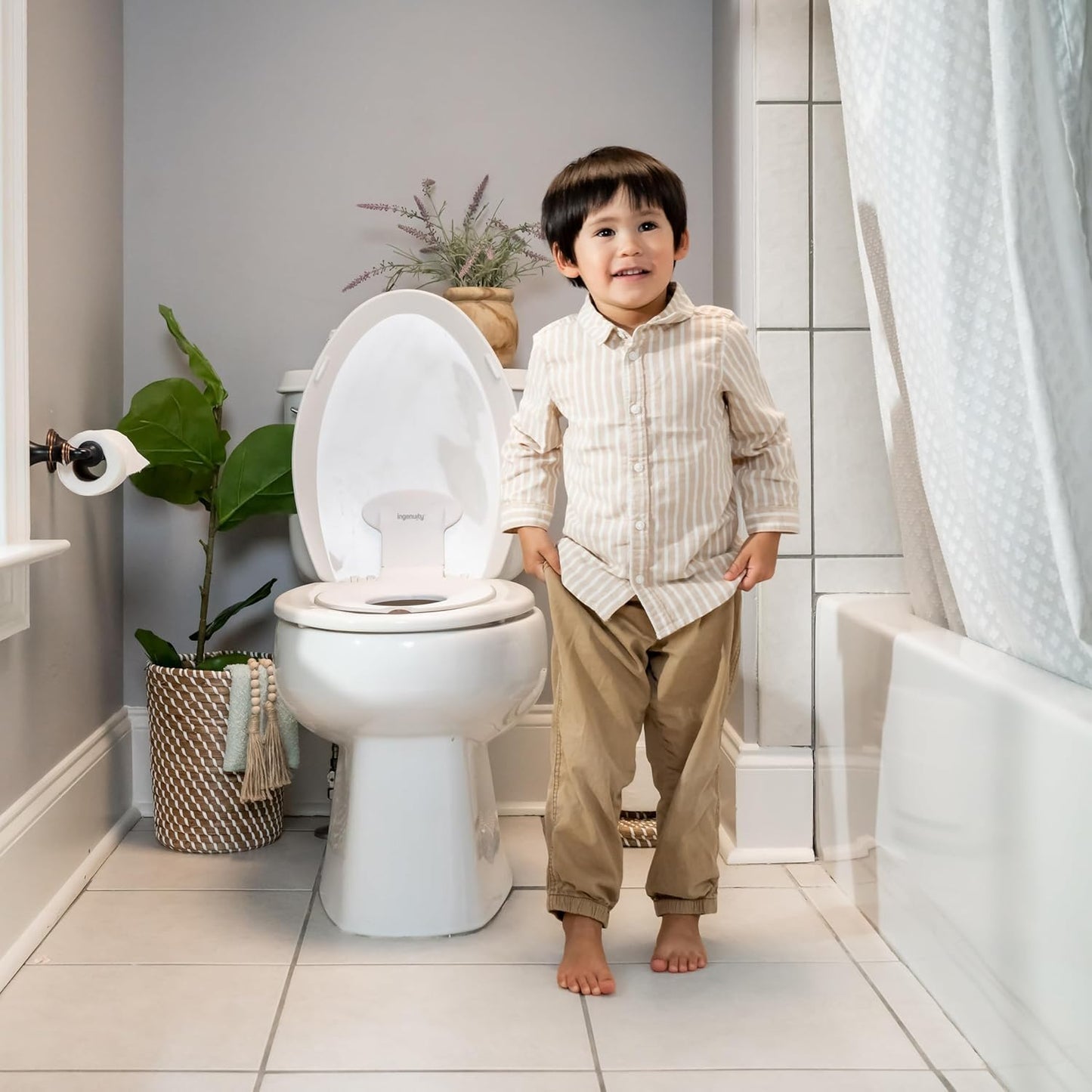Ingenuity Ready Set Go Potty Training Toilet, Removable Bowl, Non-Skid Bottom, Wide Stable Base, Age 18 Months & Up, White & Grey