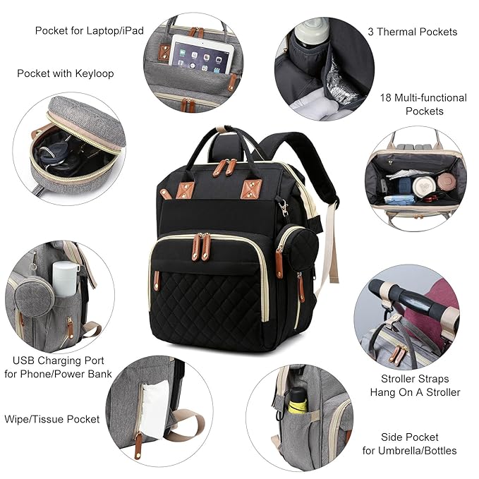 Awanhe Baby Diaper Bag Backpack with Changing Station, Waterproof Bags for Boys & Girls, USB Charging Port, Black