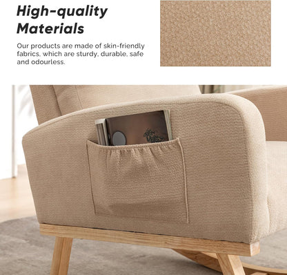 Rocking Chair Nursery, Upholstered Nursing Rocker Chair for Mom with High Backrest and Side Pockets for Bedroom Living Room, Beige
