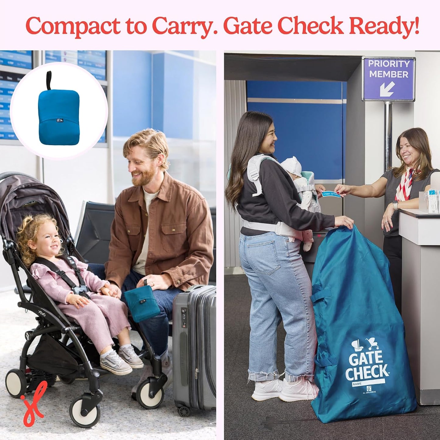 J.L. Childress Gate Check Bag for Single & Some Double Strollers - Travel Bag for Airplane, Fits Most Standard Baby Strollers, Airport Accessories for Gate Check, Flying Essentials - Red