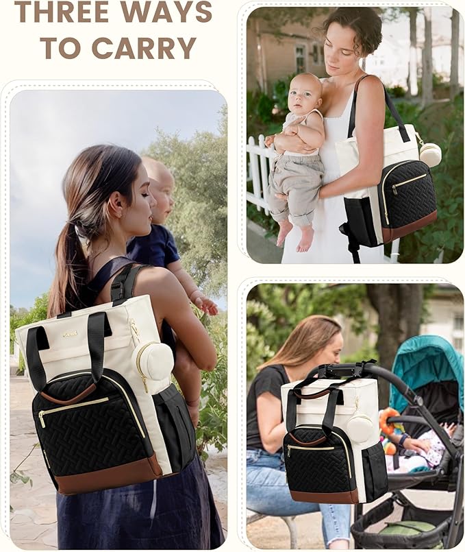 LOVEVOOK Diaper Bag Backpack, Large Capacity Portable Baby Bag with Foldable Diaper Changing Pad, Waterproof Baby Diaper Bags Gift for Mon Dad, Ivory Ebony