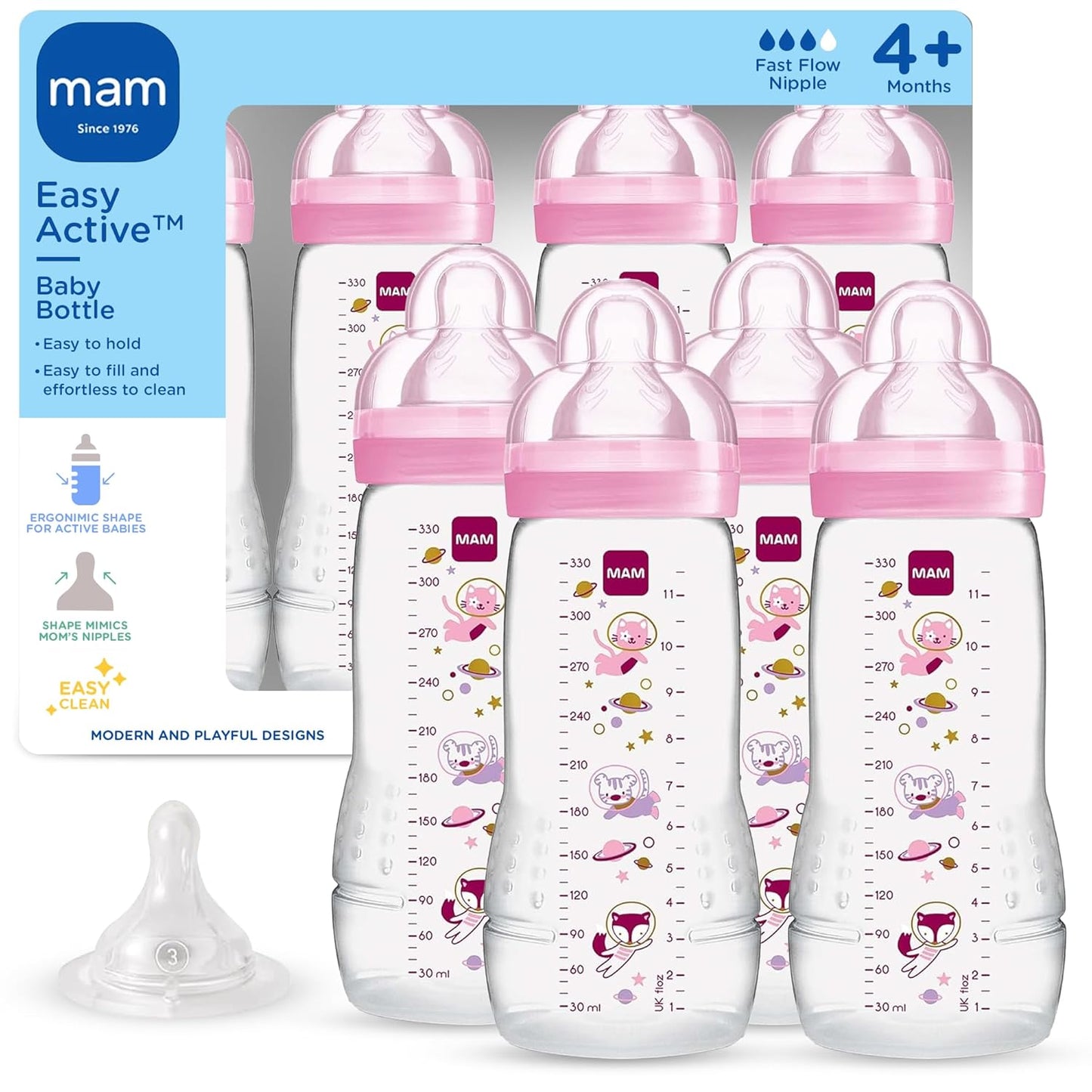 MAM Easy Active Baby Bottle 2 Pack, 11oz, BPA Free, Fast Flow Silicone Nipple, Anti-Slip Grip, Leak-Proof, 4+ Months, Cotton