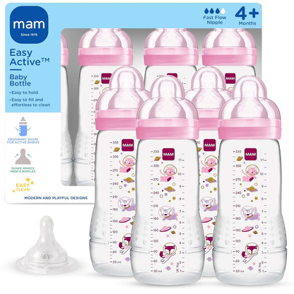 MAM Easy Active Baby Bottle 2 Pack, 11oz, BPA Free, Fast Flow Silicone Nipple, Anti-Slip Grip, Leak-Proof, 4+ Months, Cotton