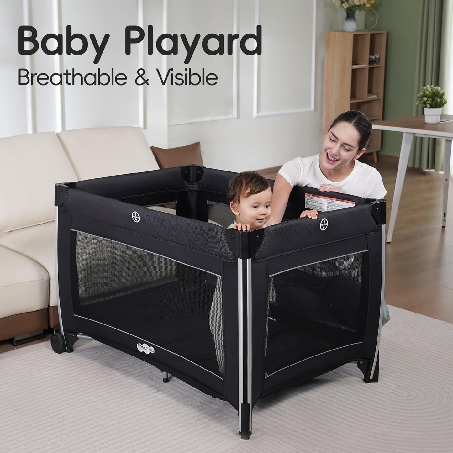 Pamo Babe 4 in 1 Baby Playards with Bassinet & Changing Table, Portable Crib Breathable Mesh and Toy Mobile