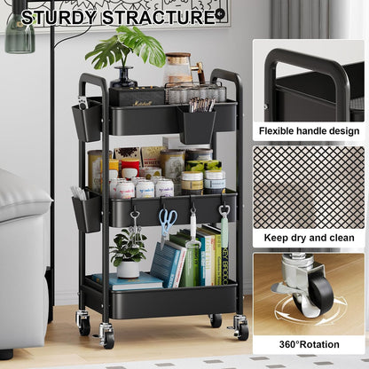 Beige 3 Tier Rolling Cart Metal on Wheels, Three Tiered Storage Organizer Utility Trolley with Wheels for Art, Craft, Baby Diaper Caddy, Snack, Book, Nail, Lash, Cleaning Supplies, Kitchen, Bathroom