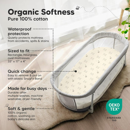 2-Pack Organic Bassinet Sheets for Girls, Boys - 100% Cotton Bassinet Mattress Sheets Compatible with Halo Bassinest Swivel Sleeper, Graco, Baby Delight, Chicco, Unisex Fitted Bassinet Sheets (Elly)