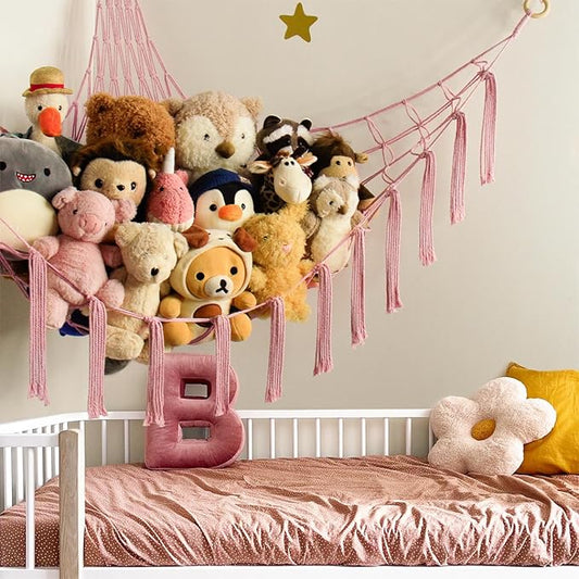 mirolam Stuffed Animal Storage Hammock Net - Toy Hammock Net for Stuffed Animals Corner - Hanging Stuff Animal Organizer Holder Large Pink Baby Nursery Room Decor