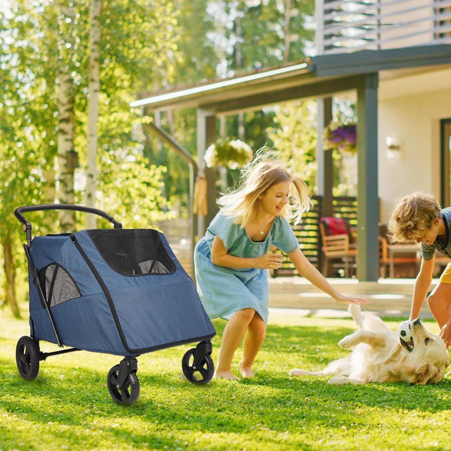 Large Dog Travel Stroller with 4 Heavy Duty Wheels Pet Stroller with Adjustable Handle - Double Doggie Capacity Jogger Wagon with Back Front Door for Small Medium Large Dogs (Dark Light Gray)