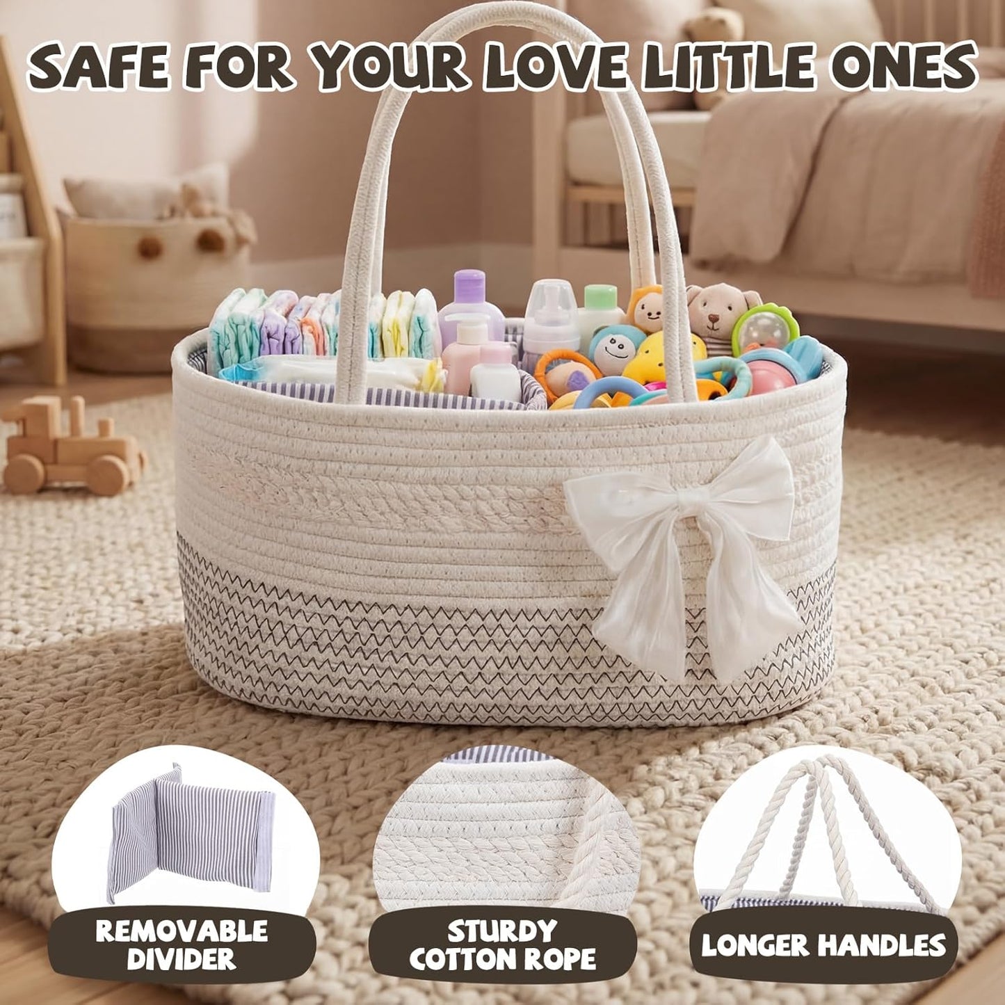 Zopeal Mother‘s Day Diaper Caddy Organizer Large Cotton Rope Baby Basket with Removable Divider Portable Nursery Storage for Diapers & Wipes Changing Table Organizer for Newborn Baby Shower Supplies