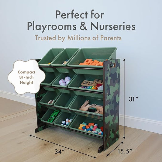 Humble Crew Kids Toy Storage Organizer with 12 Plastic Bins, Camo – Removable Bins for Playroom, Bedroom, Toddler Furniture for Boys and Girls Ages