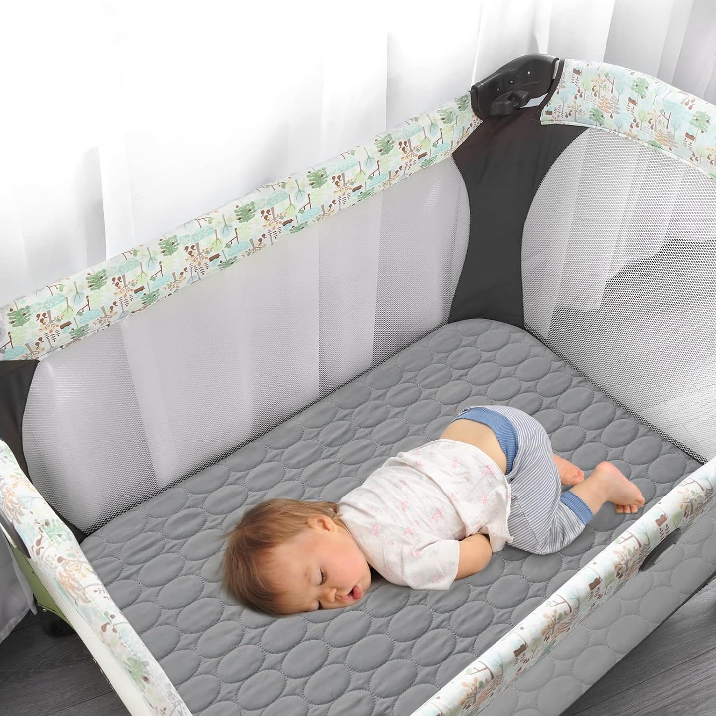 Pack and Play Sheets Fitted Quilted Waterproof Protector, 2 Pack Playard Mattress Pad Compatible with Graco Pack n Play, Mattress Cover fits for Baby Playpen Mattress, Mini Crib, Gray & Navy Blue