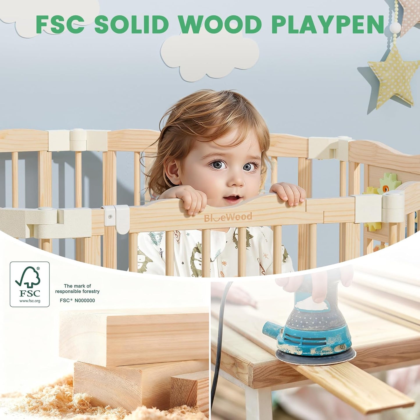 Foldable Wooden Playpen - Adjustable Wood Baby Play Yard with Child-Proof Lock, Indoor Large Safety Fence for Babies and Toddlers - Easy Assembly, 55 x 55 x 24 inches, Dino Land, Colorful