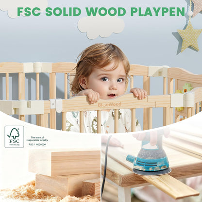 Foldable Wooden Playpen - Adjustable Wood Baby Play Yard with Child-Proof Lock, Indoor Large Safety Fence for Babies and Toddlers - Easy Assembly, 55 x 55 x 24 inches, Dino Land, Colorful